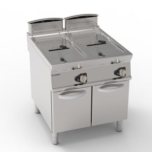 Friggitrice gas vasca doppia 17+17lt con scambiatori in vasca freestanding su vano chiuso – cestelli, coperchi e vasca recupero olio inclusi – Tecnoinox