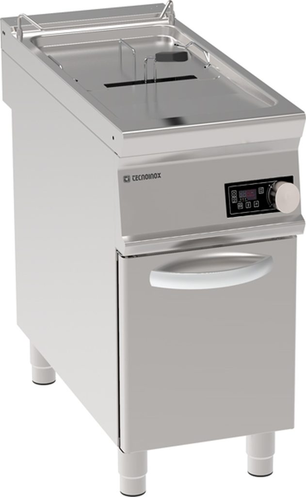 Friggitrice elettrica vasca singola 17lt a controllo elettronico con resistenze rotanti in vasca freestanding su vano chiuso – cestelli, coperchi e vasca recupero olio inclusi – Tecnoinox