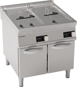 Friggitrice elettrica vasca doppia 21+21lt a controllo elettronico con resistenze rotanti in vasca freestanding su vano chiuso – cestelli, coperchi e vasca recupero olio inclusi – Tecnoinox