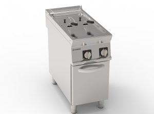 Friggitrice elettrica vasca doppia 8+8lt con resistenze rotanti in vasca freestanding su vano chiuso – cestelli, coperchi e vasca recupero olio inclusi – Tecnoinox