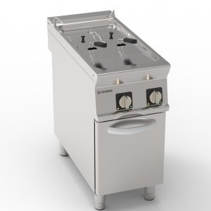 Friggitrice elettrica vasca doppia 8+8lt con resistenze rotanti in vasca freestanding su vano chiuso – cestelli, coperchi e vasca recupero olio inclusi – Tecnoinox
