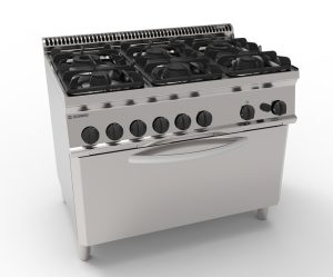 Cucina gas 6 fuochi con forno gas statico full-size (cm92,5x63x40) e Grill elettrico con 1 griglia – Tecnoinox