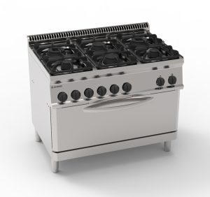 Cucina gas 6 fuochi con forno elettrico statico full-size (cm92,5x63x40) con 1 griglia – Tecnoinox