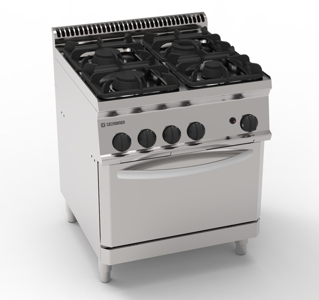 Cucina gas 4 fuochi con griglie in ghisa su forno statico gas GN2/1 e 1 griglia – Tecnoinox