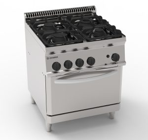 Cucina gas 4 fuochi con griglie in ghisa su forno statico gas GN2/1 e 1 griglia – Tecnoinox