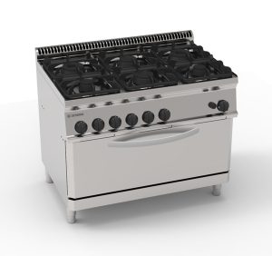 Cucina gas 6 fuochi con forno gas statico full-size (cm92,5x63x30) con 1 griglia – Tecnoinox