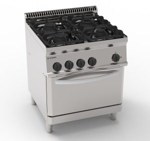 Cucina gas 4 fuochi con forno elettrico convezione GN1/1 e 1 griglia – Tecnoinox