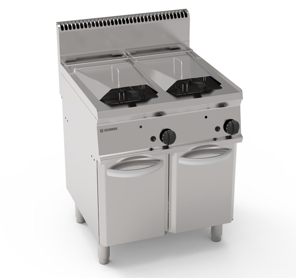 Friggitrice gas vasca doppia 14+14lt con scambiatori in vasca freestanding su vano chiuso – coperchi, cestelli e vasca recupero olio inclusi – Tecnoinox