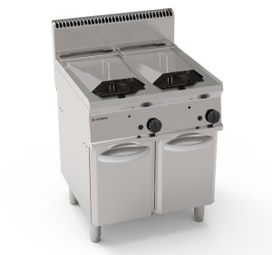 Friggitrice gas vasca doppia 14+14lt con scambiatori in vasca freestanding su vano chiuso – coperchi, cestelli e vasca recupero olio inclusi – Tecnoinox