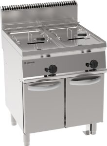 Friggitrice gas vasca doppia 13+13lt con fondo a V freestanding su vano chiuso – cestelli, coperchi e una vasca recupero olio inclusi – Tecnoinox