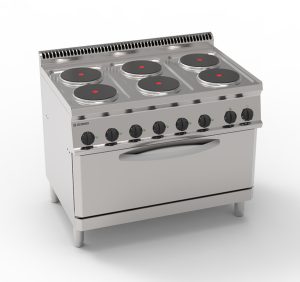 Cucina elettrica 6 piastre ermetiche tonde (diam 22cm -8.7in) su forno elettrico statico full-size (cm92,5x63x30) e 1 griglia – Tecnoinox