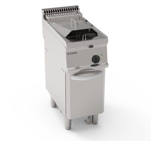 Friggitrice elettrica vasca singola 14lt con elementi riscaldanti in vasca basculanti freestanding su vano chiuso – cestelli, coperchi e vasca recupero olio inclusi – Tecnoinox