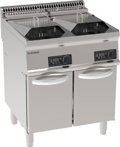 Friggitrice elettrica vasca doppia 14+14lt a controllo elettronico con elementi riscaldanti in vasca basculanti freestanding su vano chiuso – Tecnoinox