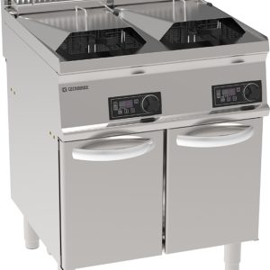 Friggitrice elettrica vasca doppia 14+14lt a controllo elettronico con elementi riscaldanti in vasca basculanti freestanding su vano chiuso – cestelli, coperchi e vasca recupero olio inclusi – Tecnoinox