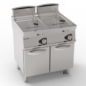 Friggitrice gas vasca doppia 17+17lt con fondo V freestanding su vano chiuso – cestelli, coperchi e vasca recupero olio inclusi – Tecnoinox
