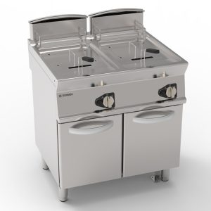 Friggitrice gas vasca doppia 13+13lt con fondo V freestanding su vano chiuso – cestelli, coperchi e vasca recupero olio inclusi – Tecnoinox