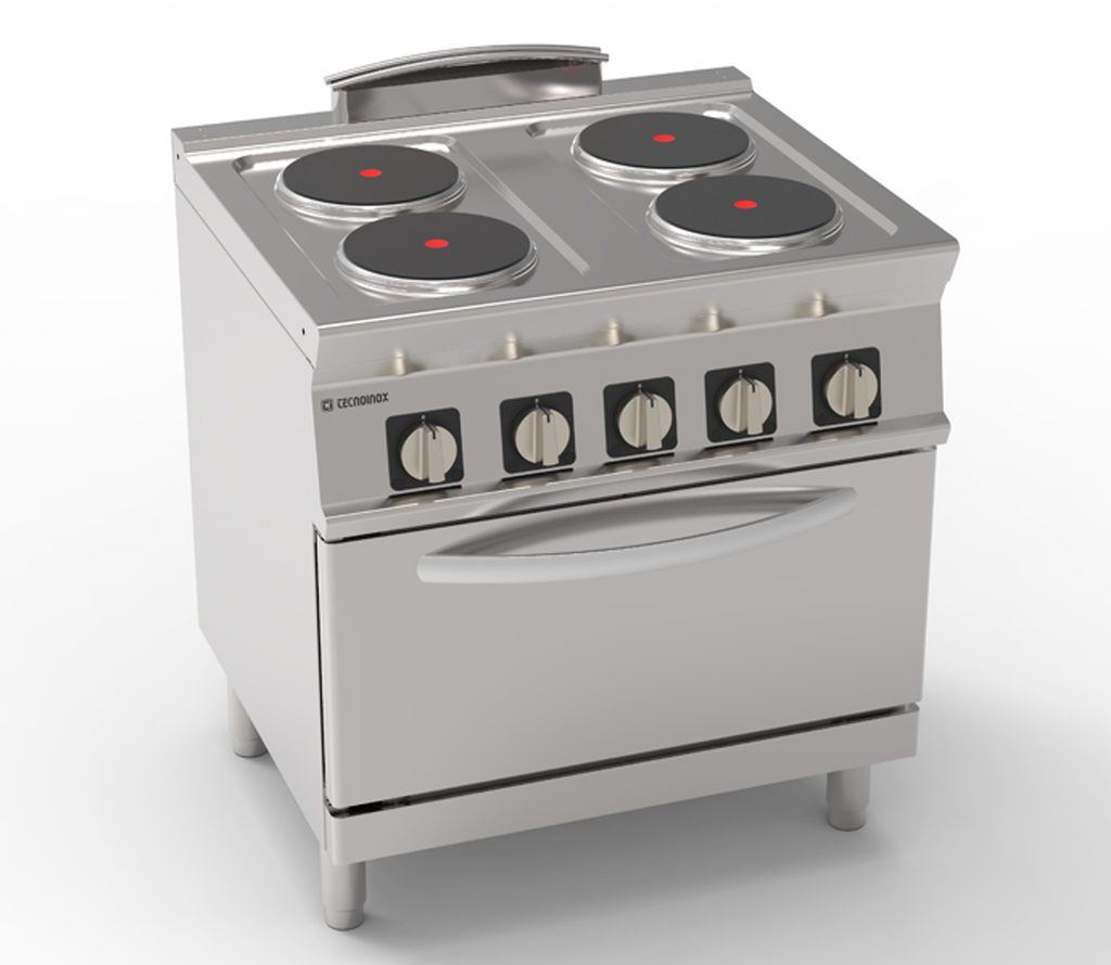 Cucina elettrica 4 piastre ermetiche tonde (diam 22cm – 8.7in) su forno elettrico convezione GN1/1 con 1 griglia – Tecnoinox