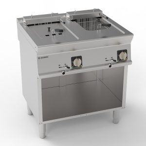 Friggitrice elettrica vasca doppia 8+8lt Super con elementi riscaldanti in vasca basculanti freestanding su vano aperto – Tecnoinox