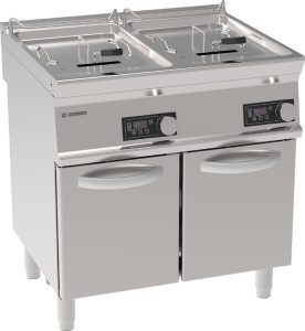 Friggitrice elettrica vasca doppia 13+13lt a controllo elettronico con resistenze rotanti in vasca freestanding su vano chiuso – Tecnoinox