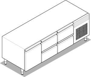 Base refrigerata GN1/1 – 1 porta – 4 cassetti con gas R290 Tecno74 dim. cm 160x65x62h – Tecnoinox