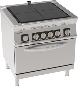 Cucina elettrica 4 piastre quadre complanari basculanti su forno elettrico statico GN2/1 con 1 griglia (piastra 30x30cm – 11.8×11.8in) – Tecnoinox
