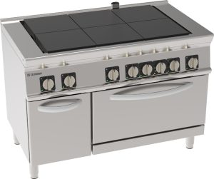 Cucina elettrica 6 piastre quadre complanari basculanti su forno elettrico statico GN2/1 con 1 griglia (piastra 30x30cm- 11.8×11.8in) – Tecnoinox