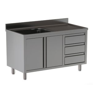 Lavello armadiato Inoxgastroshop con cassettiera 1 vasca e gocciolatoio destro 1300×600 mm – AISI 304
