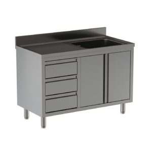 Lavello armadiato Inoxgastroshop con cassettiera 1 vasca e gocciolatoio sinistro 1300×600 mm – AISI 304