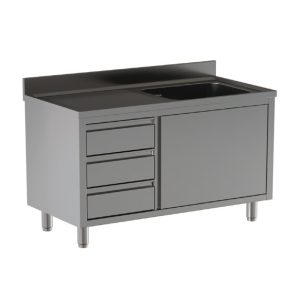 Lavello armadiato Inoxgastroshop con cassettiera 1 vasca e gocciolatoio sinistro 1200×700 mm – AISI 304