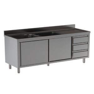 Lavello armadiato Inoxgastroshop con cassettiera 2 vasche e gocciolatoio destro 2000×600 mm – AISI 304
