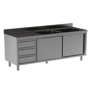 Lavello armadiato Inoxgastroshop con cassettiera 2 vasche e gocciolatoio sinistro 1800×700 mm – AISI 304