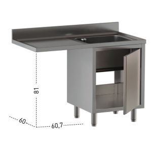 Lavello armadiato Inoxgastroshop 1 vasca con vano lavastoviglie sinistro 1200×600 mm – AISI 304