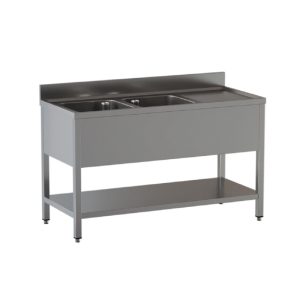 Lavello a 2 vasche – gocciolatoio a destra – su gambe con ripiano – 1900 × 700 × 850 mm
