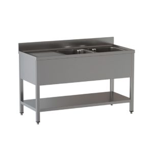 Lavello a 2 vasche – gocciolatoio a sinistra – su gambe con ripiano – 1900 × 700 × 850 mm