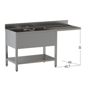 Lavello a 2 vasche – vano lavastoviglie a destra – su gambe con ripiano – 1600 × 600 × 850 mm