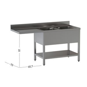 Lavello a 2 vasche – vano lavastoviglie a sinistra – su gambe con ripiano – 2000 × 700 × 850 mm