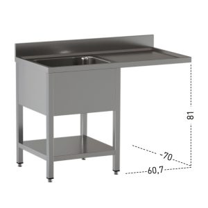 Lavello a 1 vasca – vano lavastoviglie a destra – su gambe con ripiano – 1400 × 700 × 850 mm