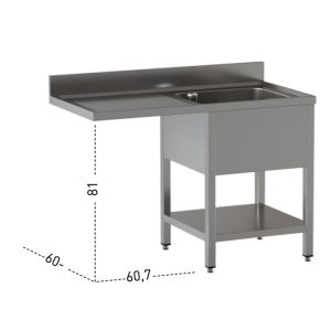 Lavello a 1 vasca – vano lavastoviglie a sinistra – su gambe con ripiano – 1200 × 600 × 850 mm