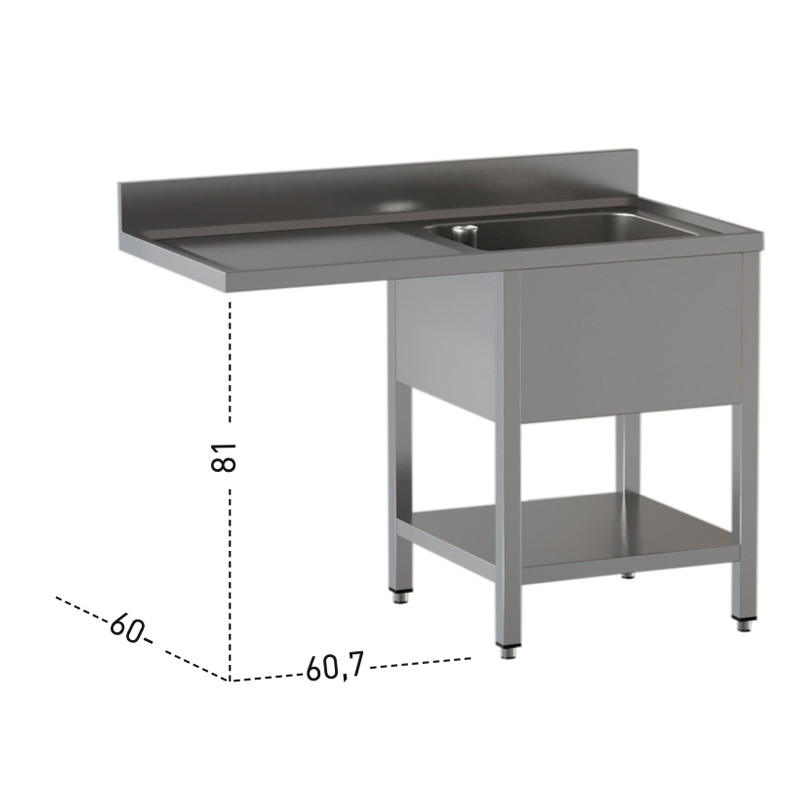 Lavello a 1 vasca – vano lavastoviglie a sinistra – su gambe con ripiano – 1400 × 600 × 850 mm