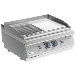 Fry-top a gas da banco, piastra 1/2 liscia e 1/2 rigata cromata