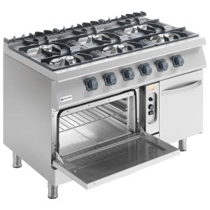 Cucina a gas su forno a gas statico GN 2/1 e vano chiuso, 6 fuochi